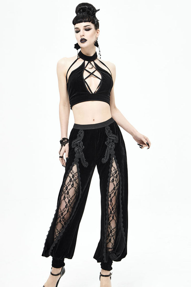 Black Gothic Front Decals Split Splice Mesh Velvet Women's Pants