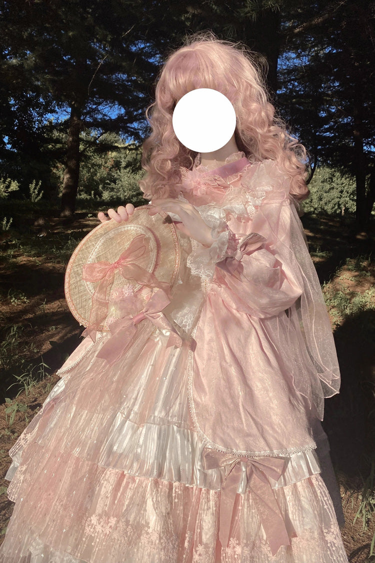 Pink Hanayome Long Sleeves Bowknot Multi-Layer Ruffled Sweet Lolita OP Tiered Dress