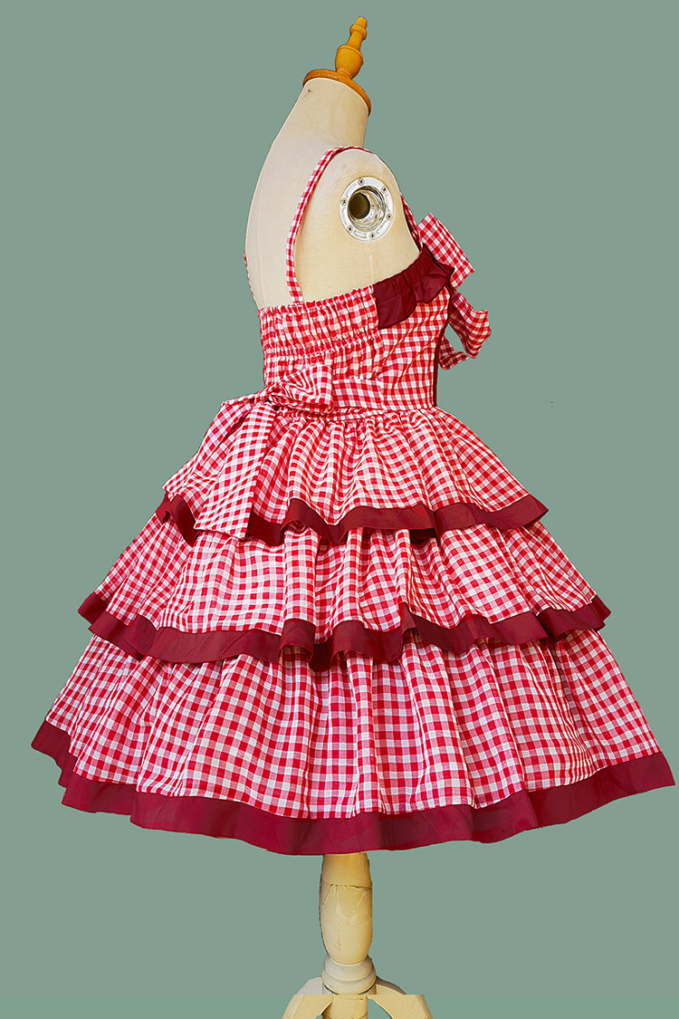 Rotes [Cloth Cat] Süßes Lolita-Kleid mit dreilagigem Karomuster, Rüschen und Schleife