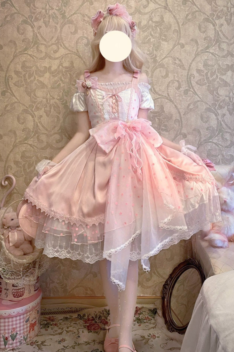 Pink [Polka Waltz] Sleeveless Print Bowknot Stitching Lace Sweet Lolita Jsk Dress