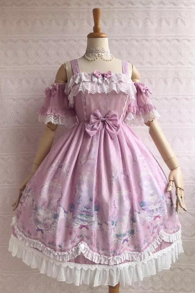 Süßes Lolita-JSK-Kleid mit Rüschen und Schleife im Unicorn's Secret Garden-Print, 7 Farben