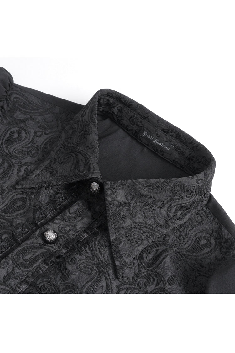 Black Lapel Collar Lantern Sleeves Jacquard Embroidery Men's Gothic Blouse