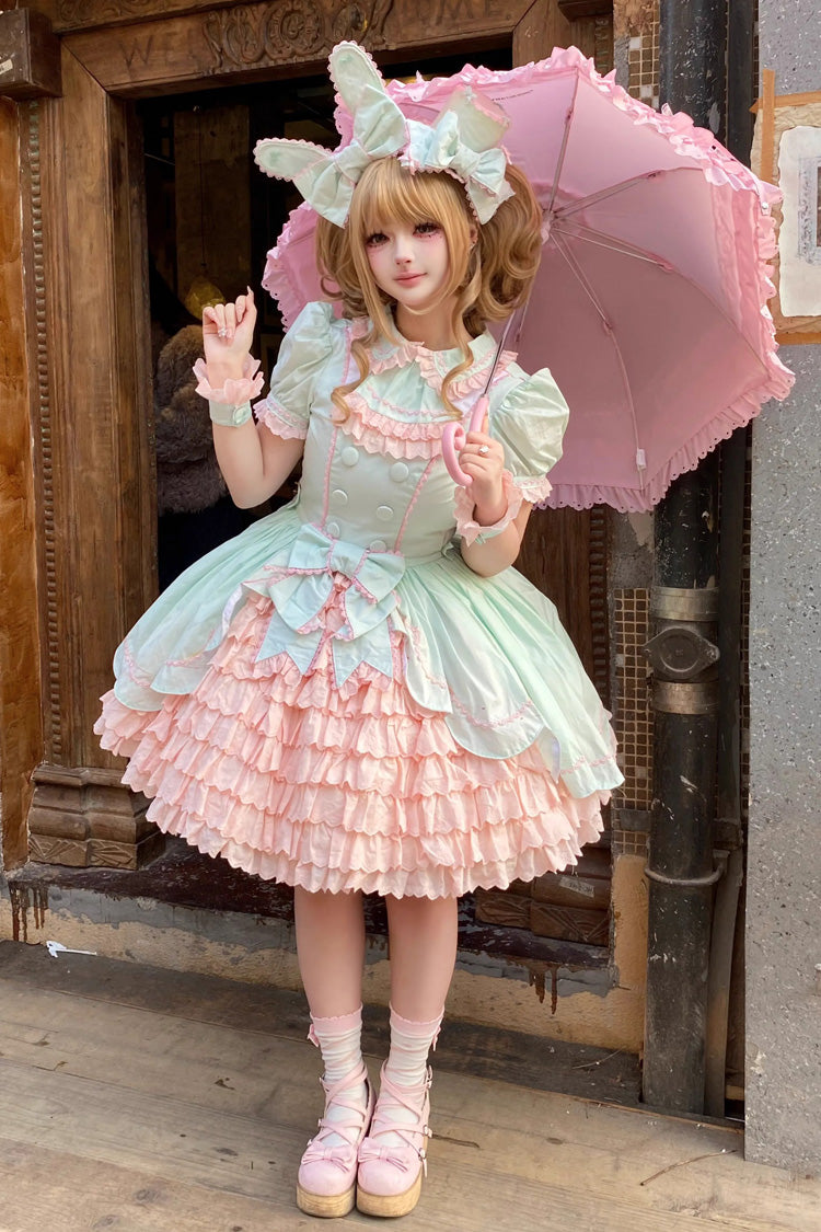 Pink/Green [Honeydew Melon Parfait] Short Sleeves Multi-Layered Ruffle Bowknot Sweet Lolita Dress