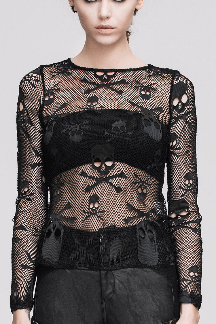 Black Skull Knit Long-Sleeve Open-Neck Round Collar Elastic Women's Punk Shirt