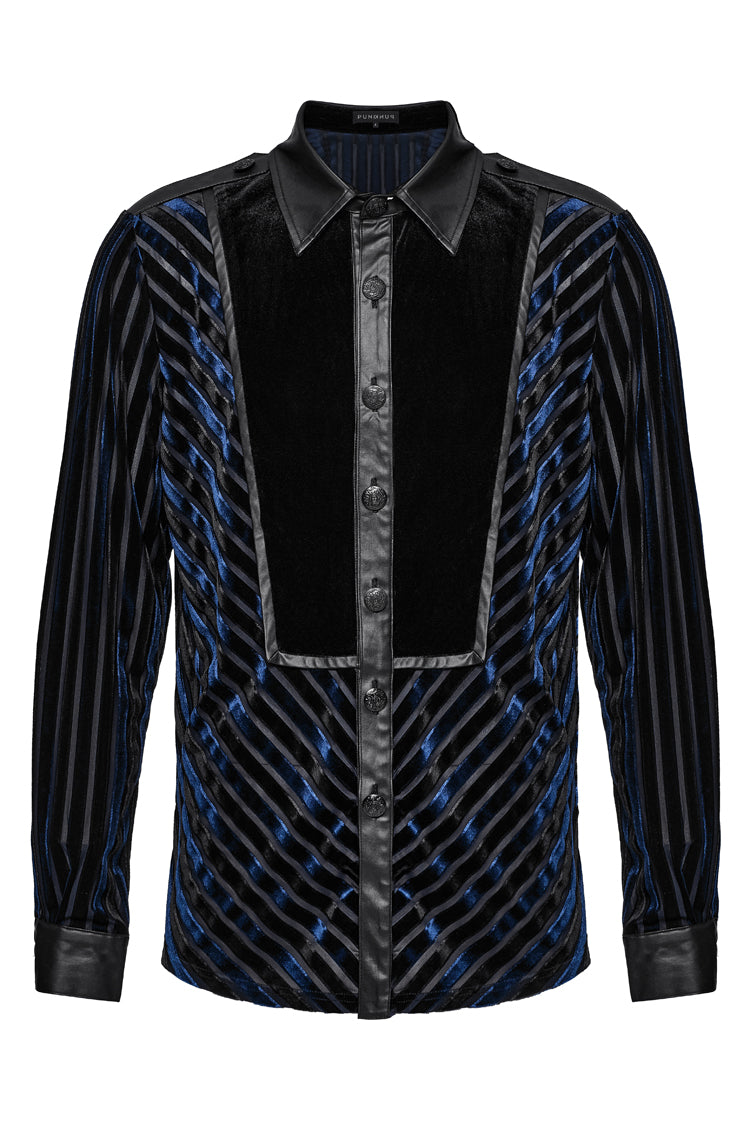 Black/Blue Lapel Collar Stitching Slim Men's Gothic Blouse