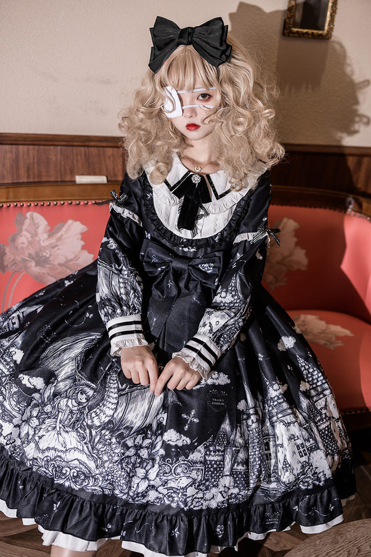 Black [Castle Night] Print Long Sleeves Ruffle Bowknot Gothic Lolita Dress