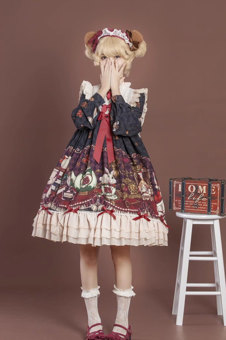 [Rabbit and Bear Feast]  Long Sleeves Multi-Layered Print Ruffle Bowknot Sweet Lolita Dress 2 Colors