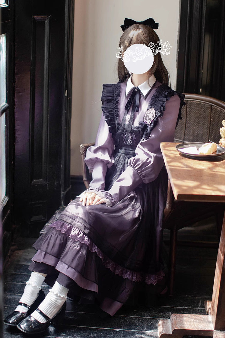 Schwarzes [Witch Academy] Doppellagiges Rüschenstickerei-Schleifennetz-Süßes elegantes Lolita-Pulloverkleid