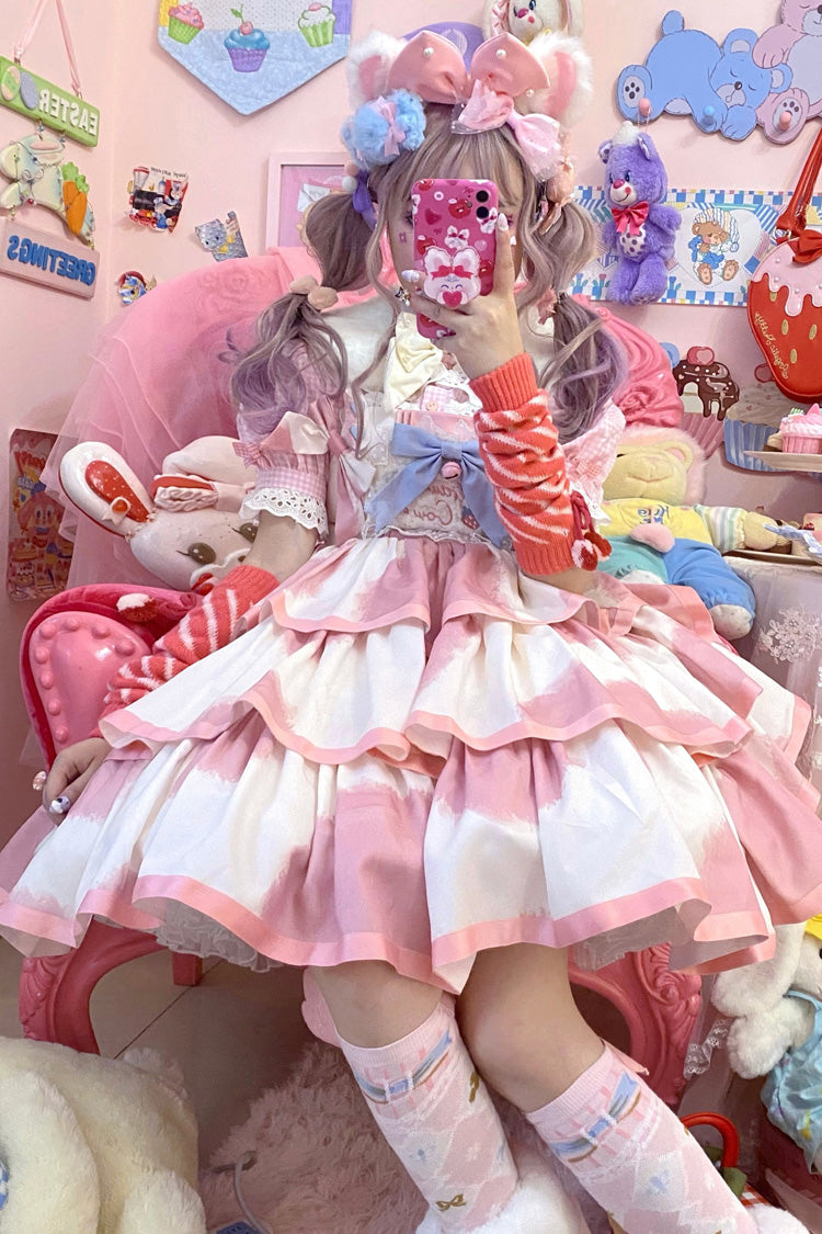 Pink Sleeveless Triple-Layered Cow Print Ruffle Bowknot Sweet Lolita Jsk Dress