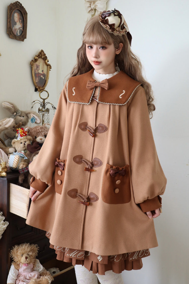 Brown Violin Embroidery Horn Button Sweet College Style Lolita Coat