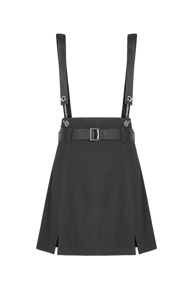 Black Metal Ring Shoulder-Strap Buckle Belt Split Hem A-Shaped Women's Punk Skirt