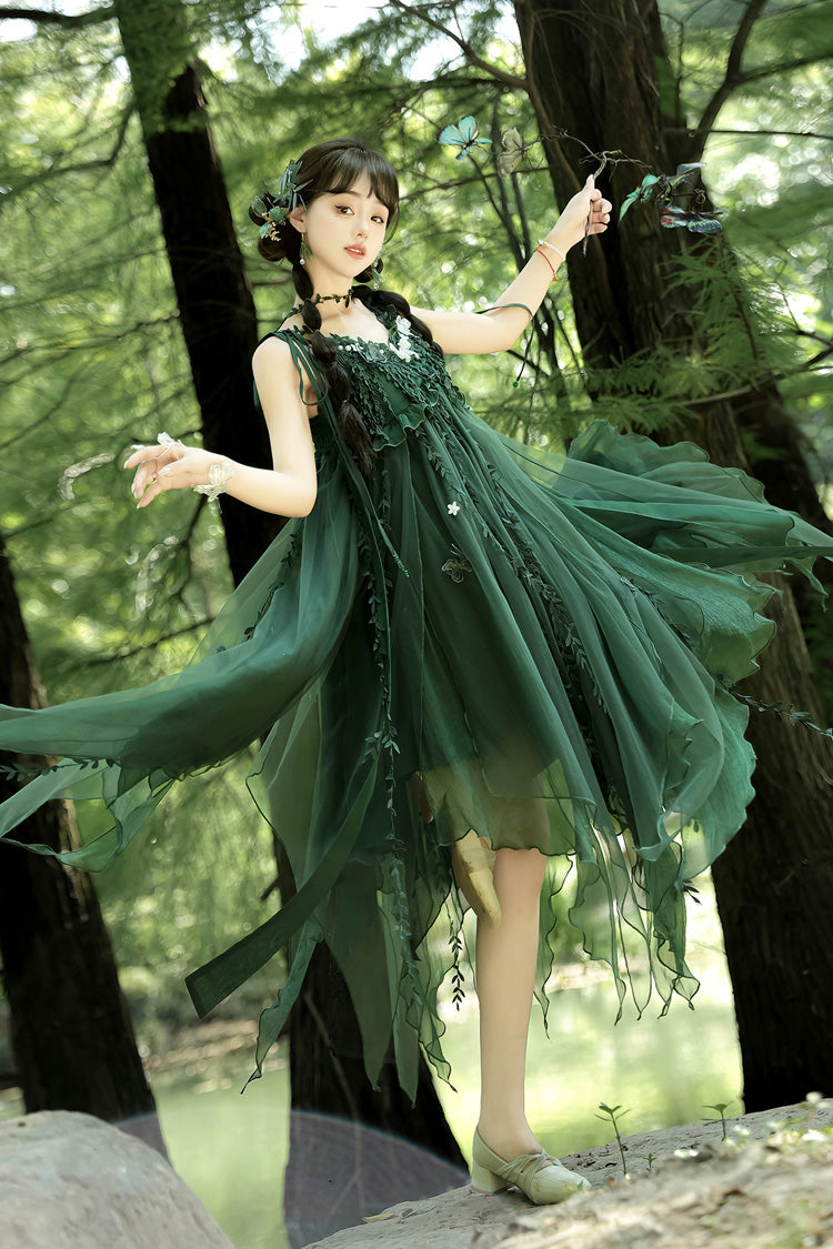 Green Forestry Asymmetric Hem Sweet Chinese Style Lolita Jsk Dress