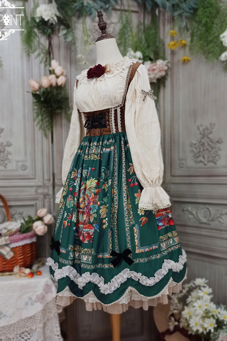 Grün [Ode an die Fülle] Beeren- und Vogeldruck Rüschen Bowknot Samt Klassisches Lolita Brustunterstützung Jsk Kleid