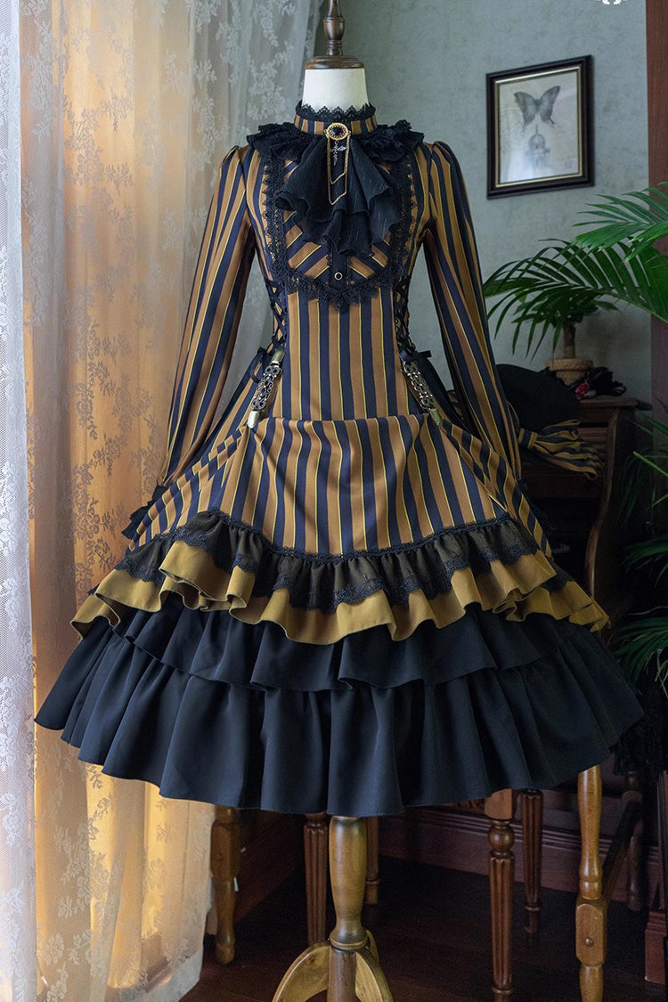 Point Manor Stand Collar Long Sleeves Multi-layer Striped Print Ruffle Gothic Lolita Dress 4 Colors