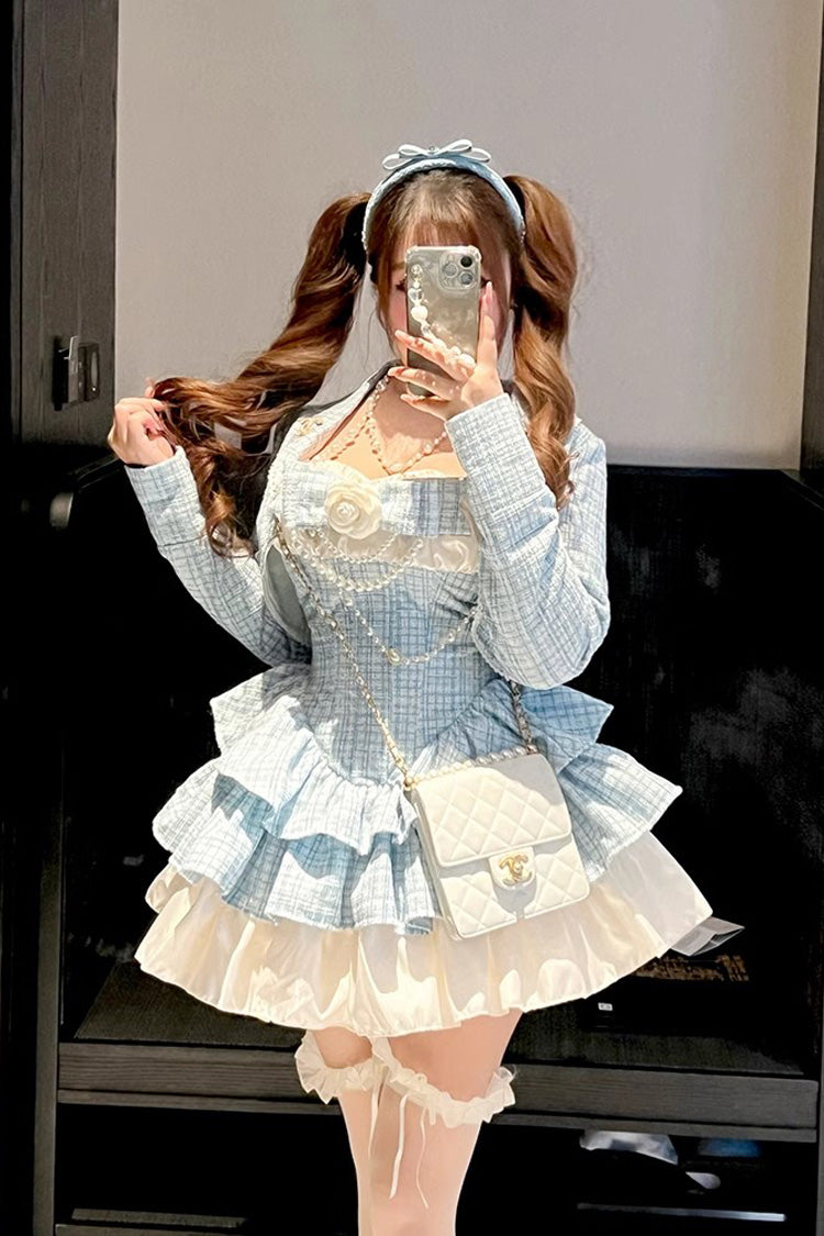 Camellia Blue Miss Plaid Print Ruffle Bowknot Sweet Lolita Dress