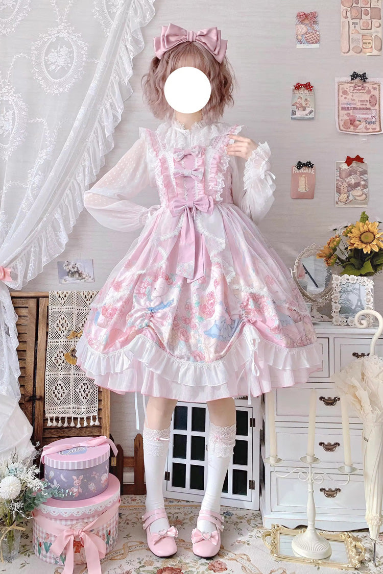 Rosa ärmelloses Lolita JSK Kleid mit hoher Taille und Kaninchen-Print, Rüschen und Schleife