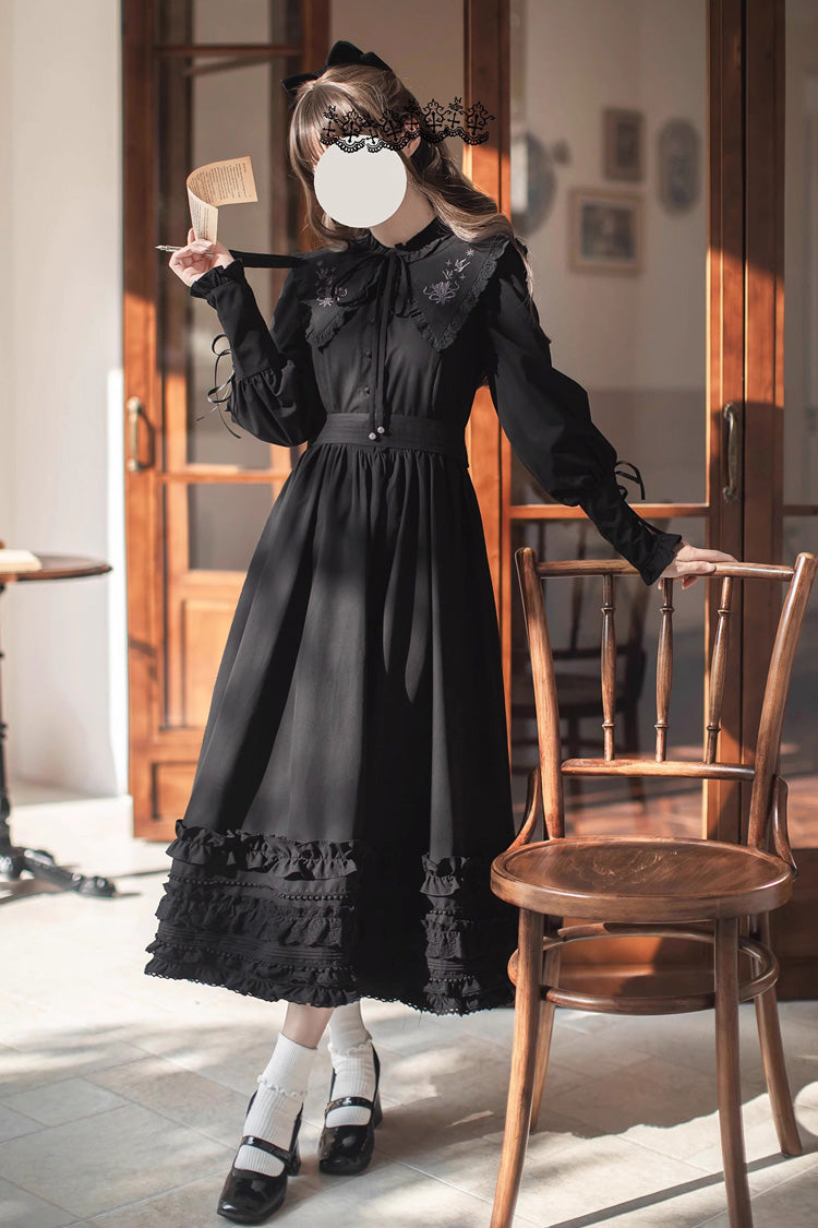 Black [Wind Kissed Tulips] Long Sleeves Ruffle Embroidery Bowknot Gothic Vintage Elegant Lolita Dress