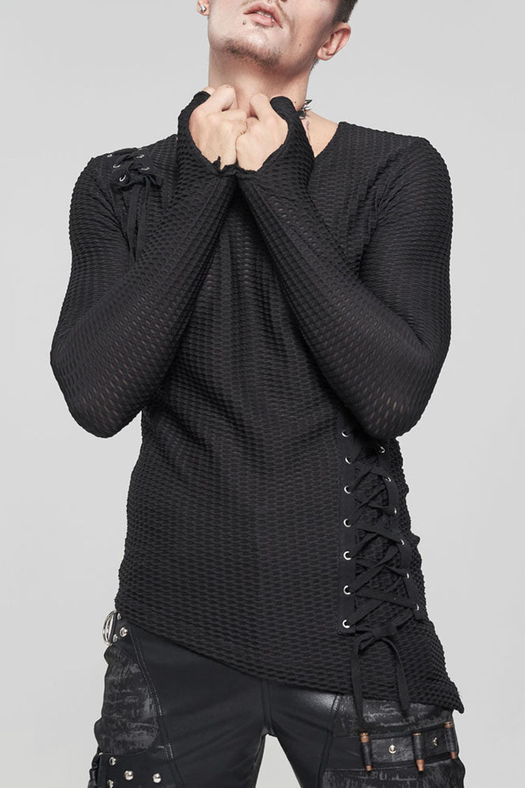 Black Gothic Asymmetry Drawstring Decoration Coarse Net Men's Shirt