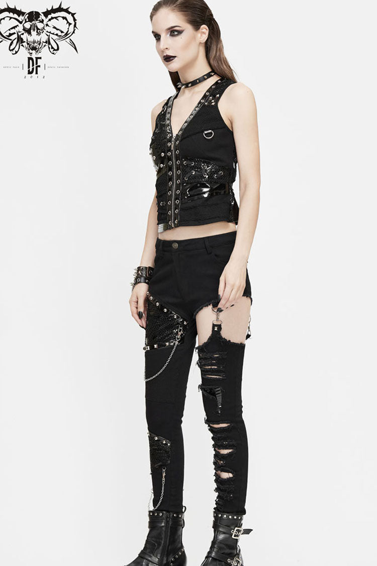 Black V Neck Splice Mesh Asymmetrical Design Heavy Metal Women's Punk Waistcoat