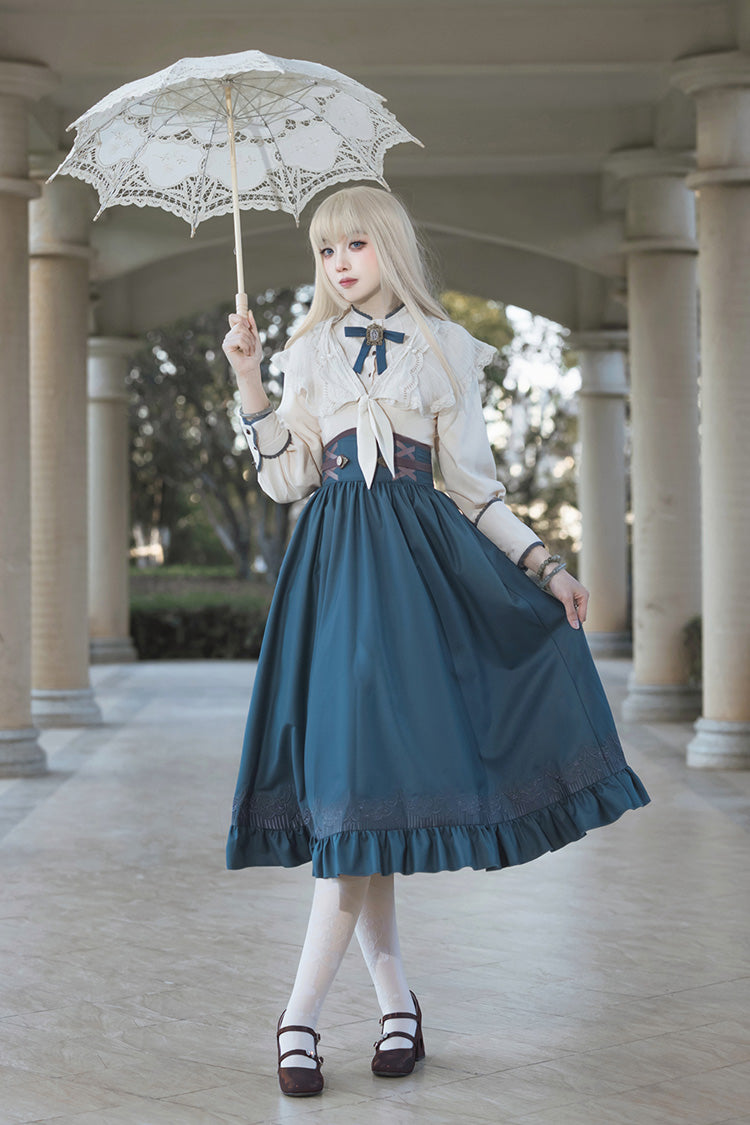 Blue Ruffle Embroidery Lace-Up Sweet College Style Elegant Lolita Skirt