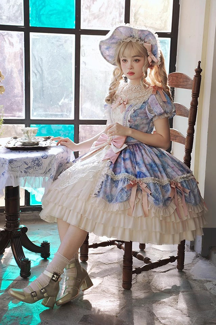 [Angel Heart Sky Oil Painting] Print Ruffle Cardigan Bowknot Sweet Princess Lolita Dress 3 Colors