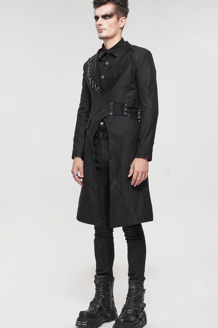 Black Punk Twill Imitation Leather Metal Pin Decoration Drawstring Design Long Men's Coat