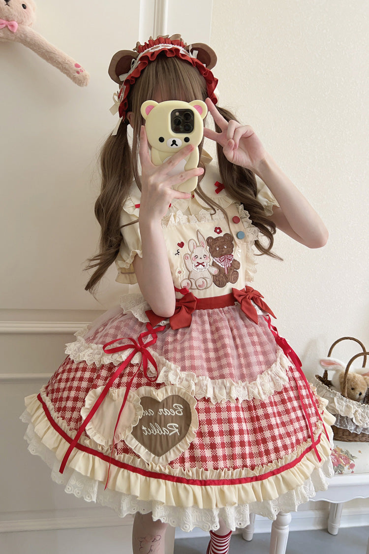 Rabbit Bear Diary Plaid Print Ruffle Bowknot Sweet Lolita Skirt 2 Colors (Blouse Included)