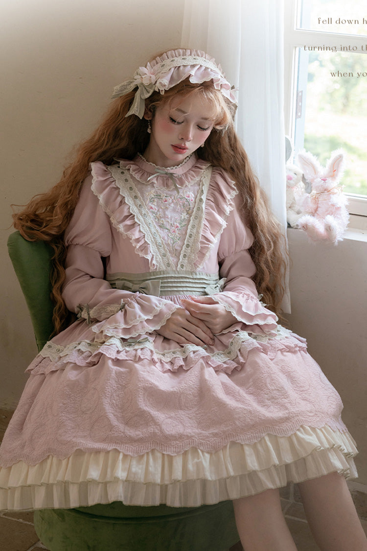 Pink [Solitary Orchid In Quiet Valley] Long Sleeves Multi-Layered Embroidery Bowknot Sweet Lolita Dress