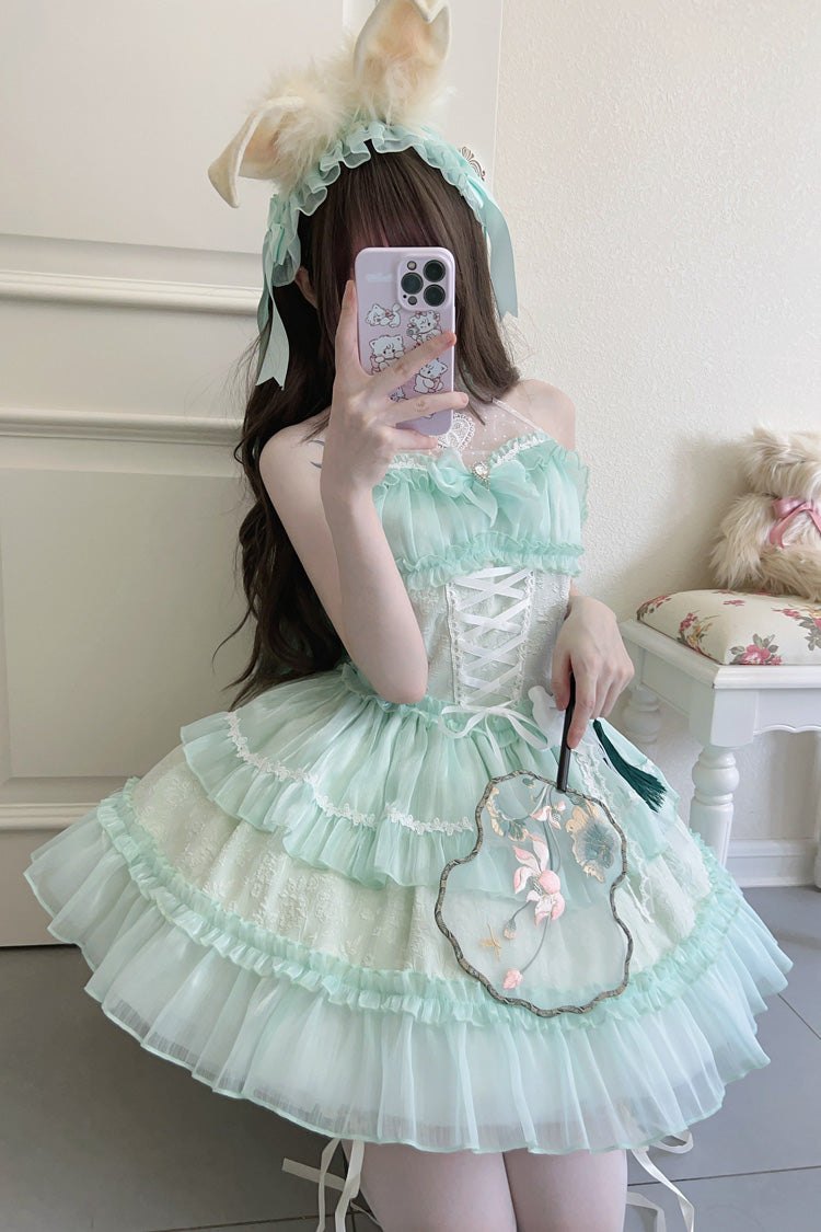 Green Halterneck Triple-Layered Bowknot Lace Sweet Lolita Jsk Dress