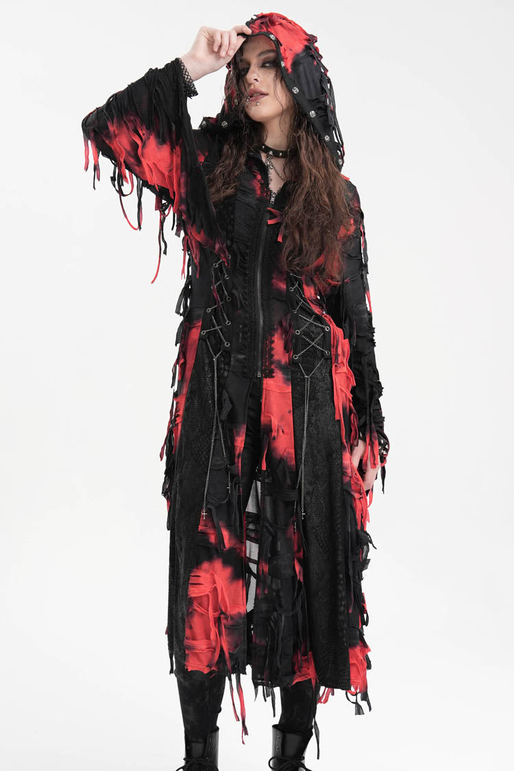 Black/Red Long Sleeves Lace Ripped Zipper Women's Punk Coat