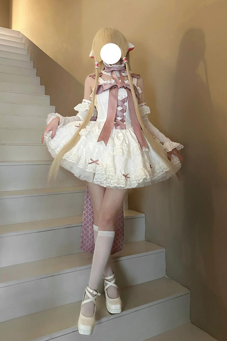 Rosa/weißes Lolita-Kleid mit Schleife und Stickereien und Schnürung, süßes, elegantes Prinzessinnen-Kleid