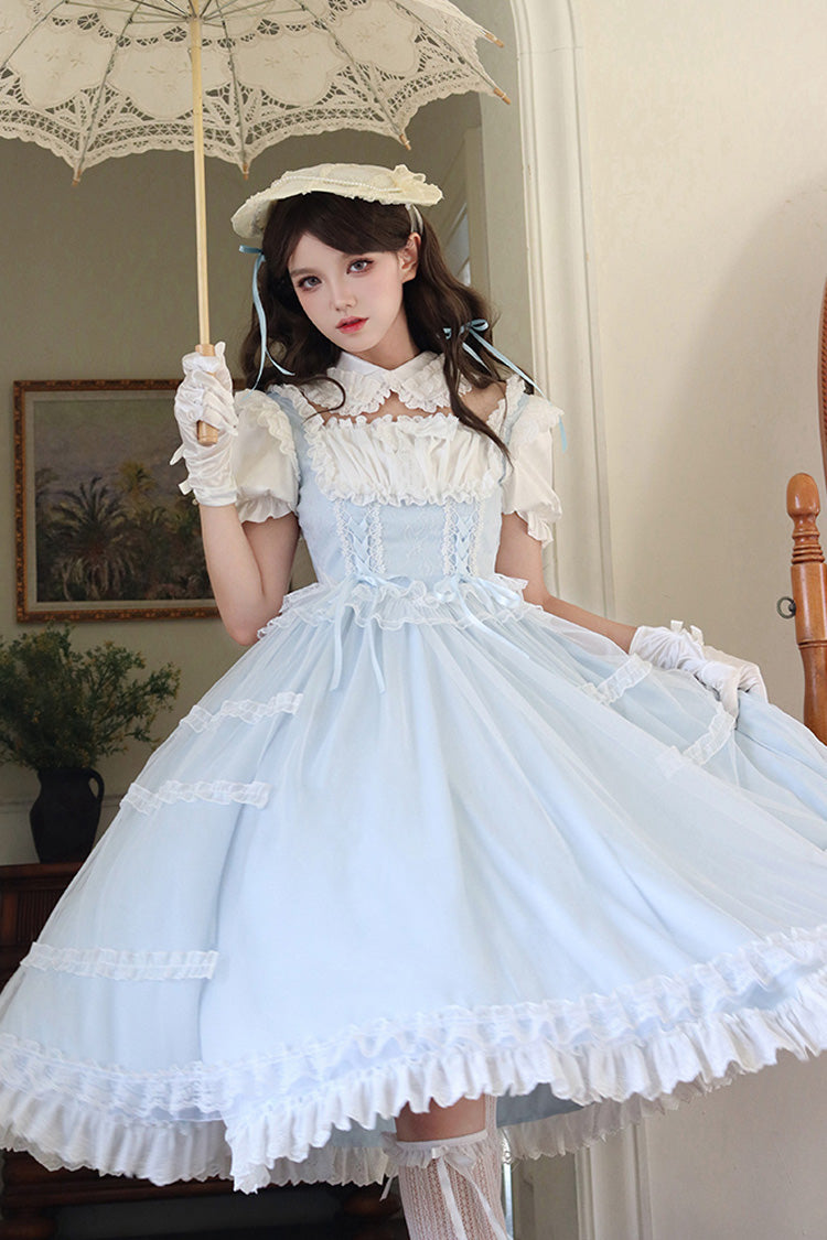 Hellblaues Lolita-Kleid-Set mit eckigem Kragen, kurzen Ärmeln und Rüschen