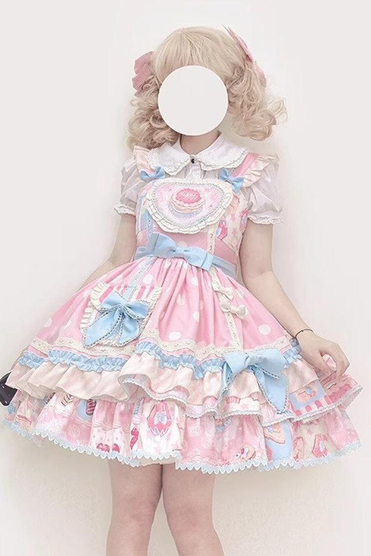 Rosa [Frosted Sugar Sweetheart] Doppellagiges, bedrucktes Rüschen-Schleifen-Lolita-Jsk-Kleid mit süßer Prinzessinnen-Optik