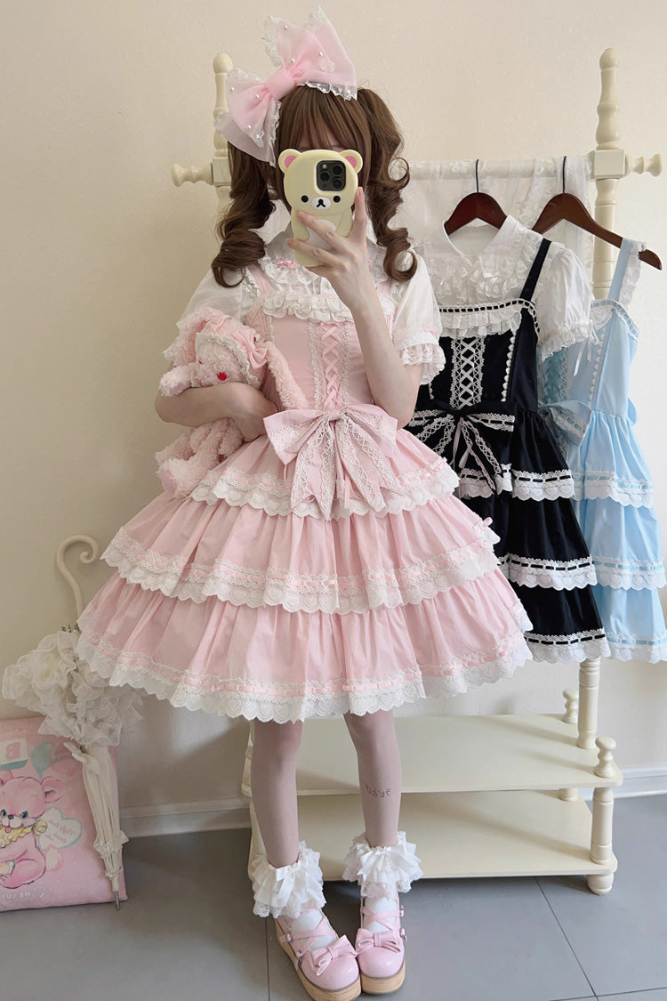 Pink [Maiden Heart] Triple-Layered Ruffle Bowknot Lace Sweet Lolita Jsk Dress