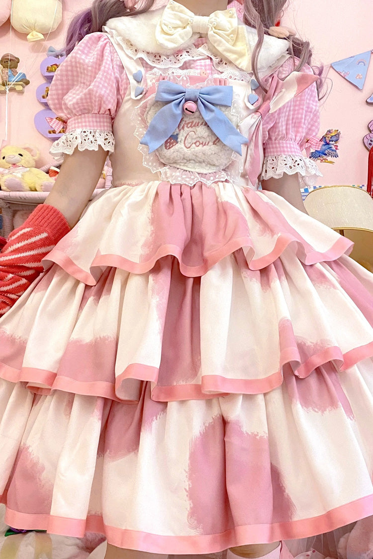 Pink Sleeveless Triple-Layered Cow Print Ruffle Bowknot Sweet Lolita Jsk Dress