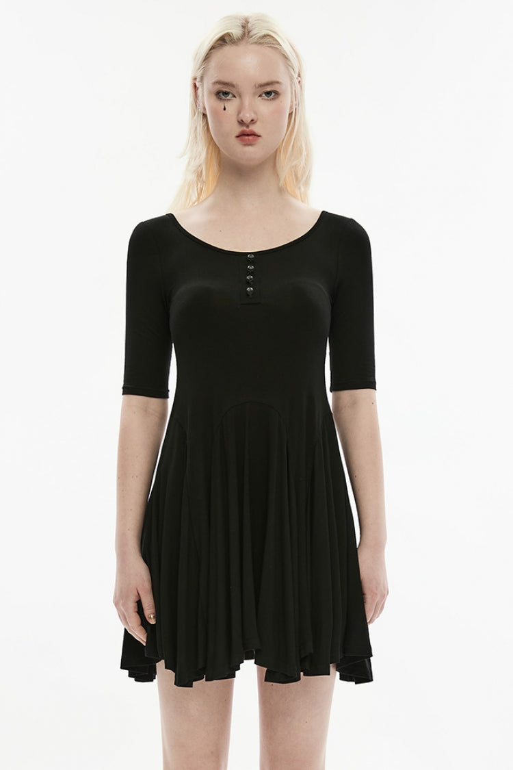 Schwarzes einreihiges Gothic-Kleid für Damen mit rundem Kragen, halblangen Ärmeln und Totenkopf