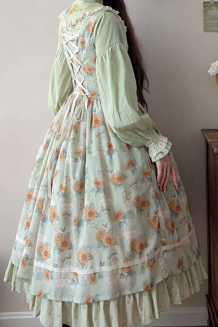 Green [Gardening Sunflower] Sleeveless Print Ruffle Bowknot Sweet Elegant Uplift Lolita Jsk Dress