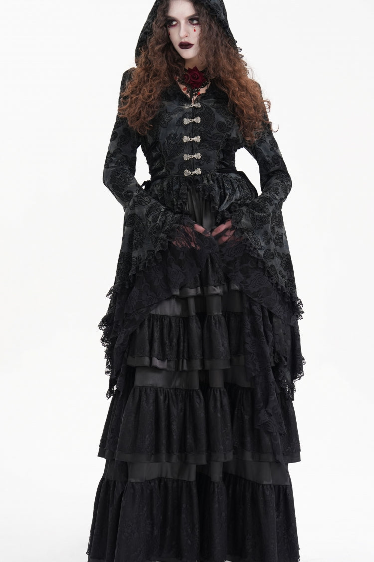 Black Long Trumpet Sleeves Multi-Layered Embroidery Lace Hooded Ripped Women's Gothic Jacket