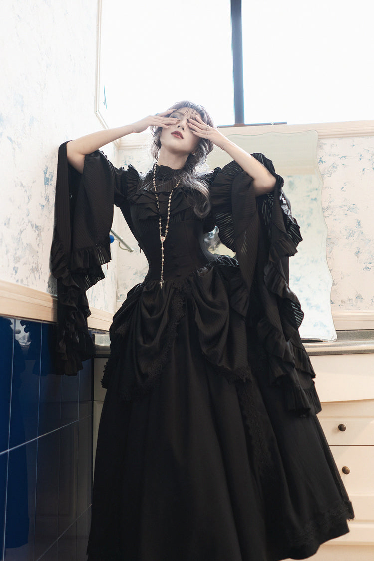 Black [Sleepwalking] Long Hime Sleeves Stitching Lace Plus Size Gothic Elegant Lolita Skirt Set