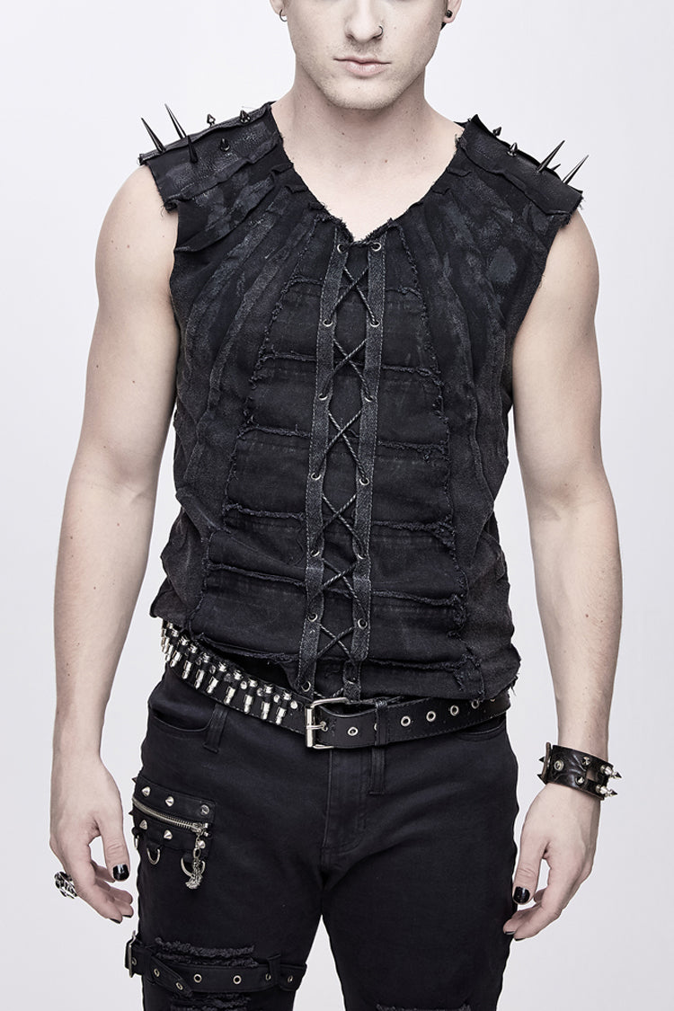 Black Patchwork Unedged Coarse Grain Leather Long Pointed Nails Distressed Men's Punk Vest