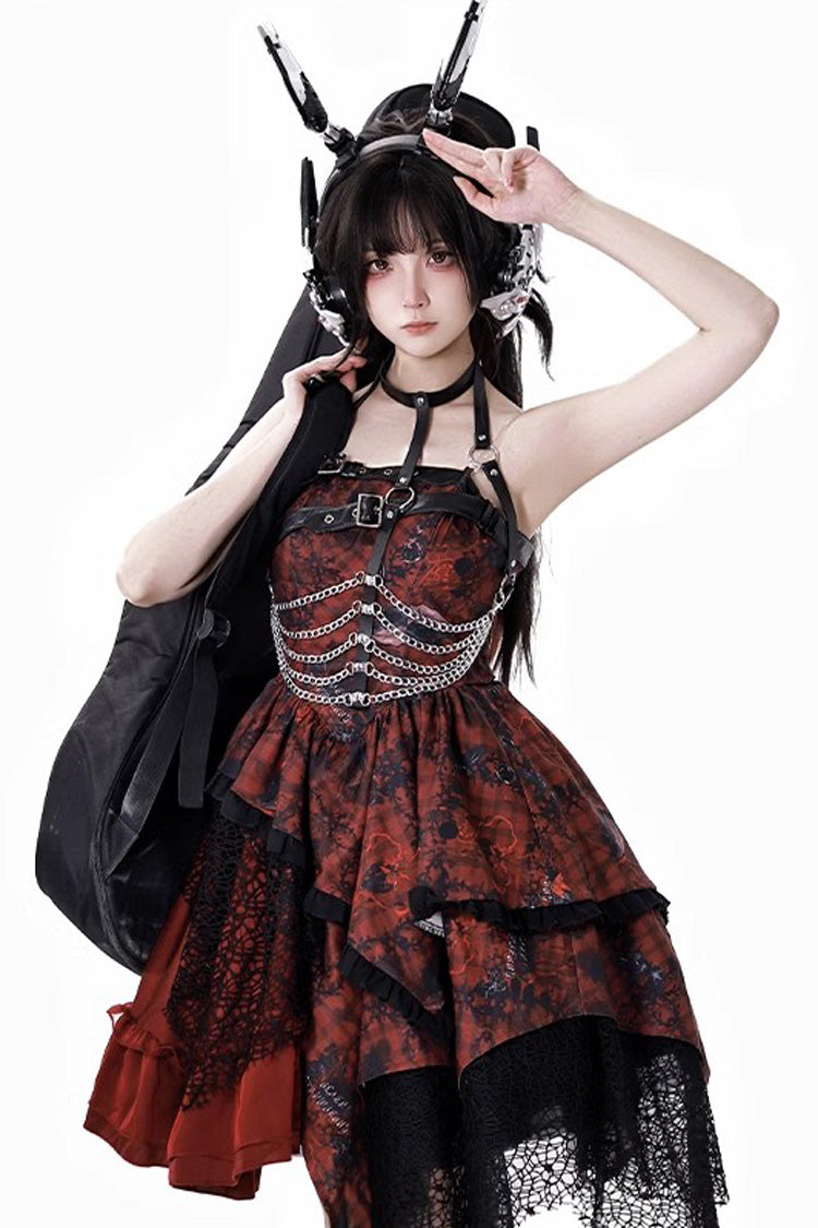 Red [Strawberries of Blood and Tears] Sleeveless Print Ruffle Bowknot Lace Asymmetric Gothic Lolita Jsk Dress