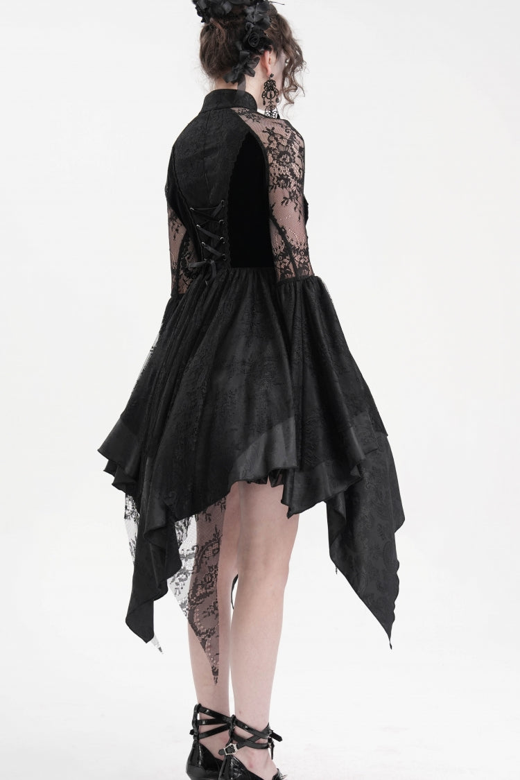 Black Long Sleeves Embroidery Lace Lace-Up Irregular Sheer Mesh Women's Gothic Dress