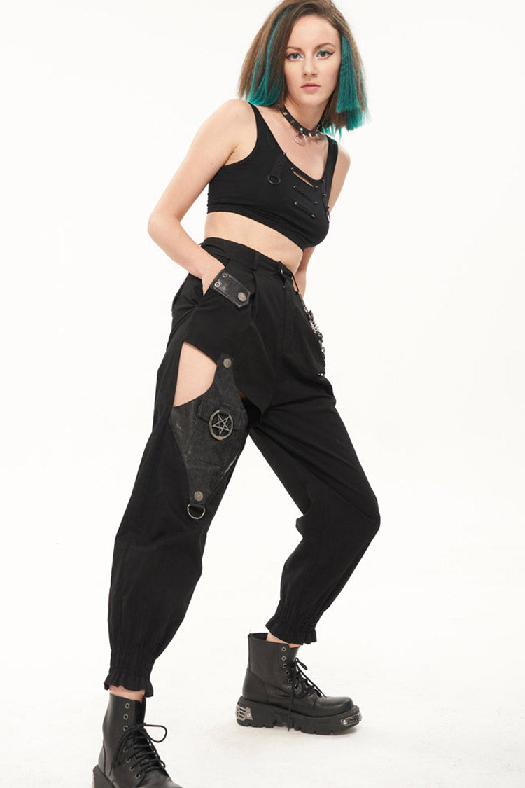 Black Punk Cutout Leather Splicing Detachable Metal Chain Women's Long Pants