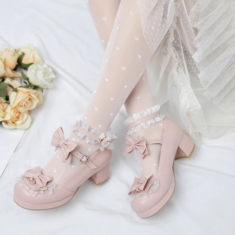 Bowknot White Frills Sweet Lolita High Heel Shoes