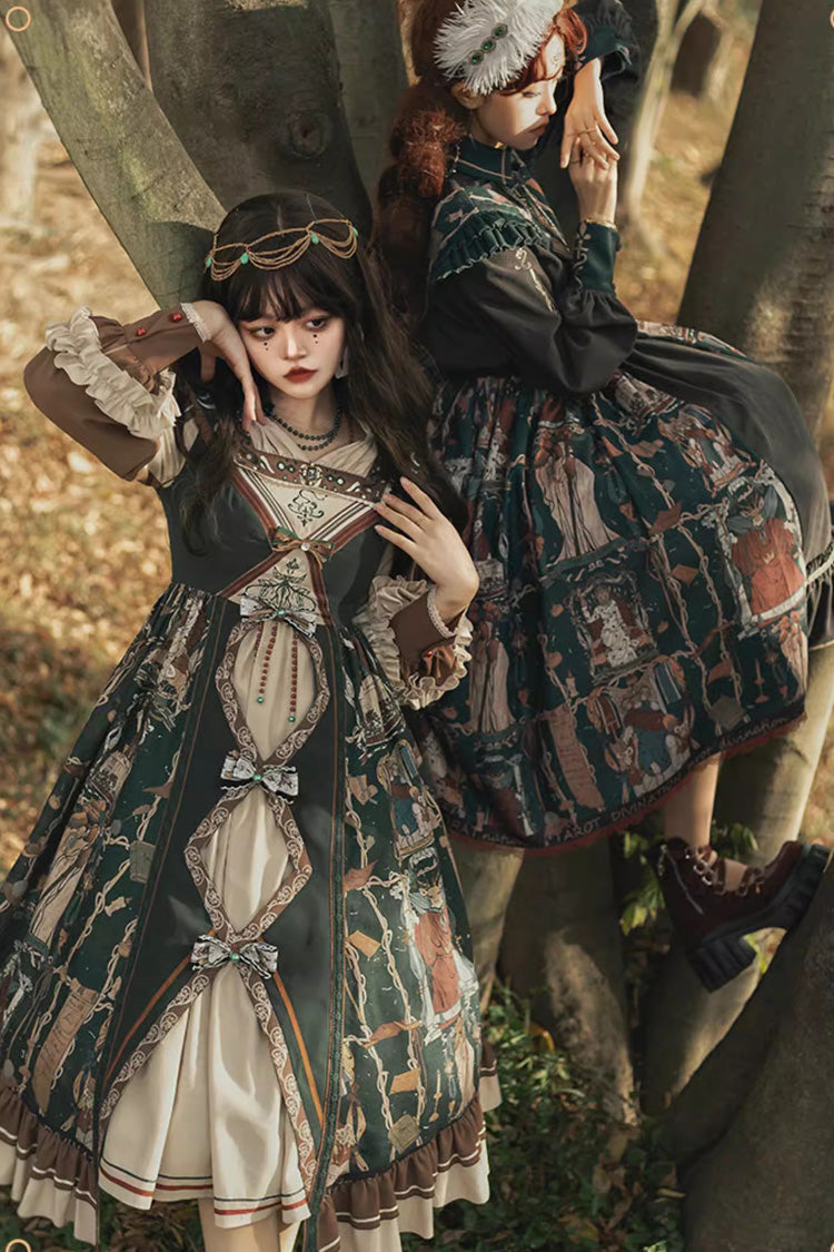 Dark Green [Tarot] Print Long Puff Sleeves Ruffle Bowknot Ripped Sweet Elegant Lolita Dress