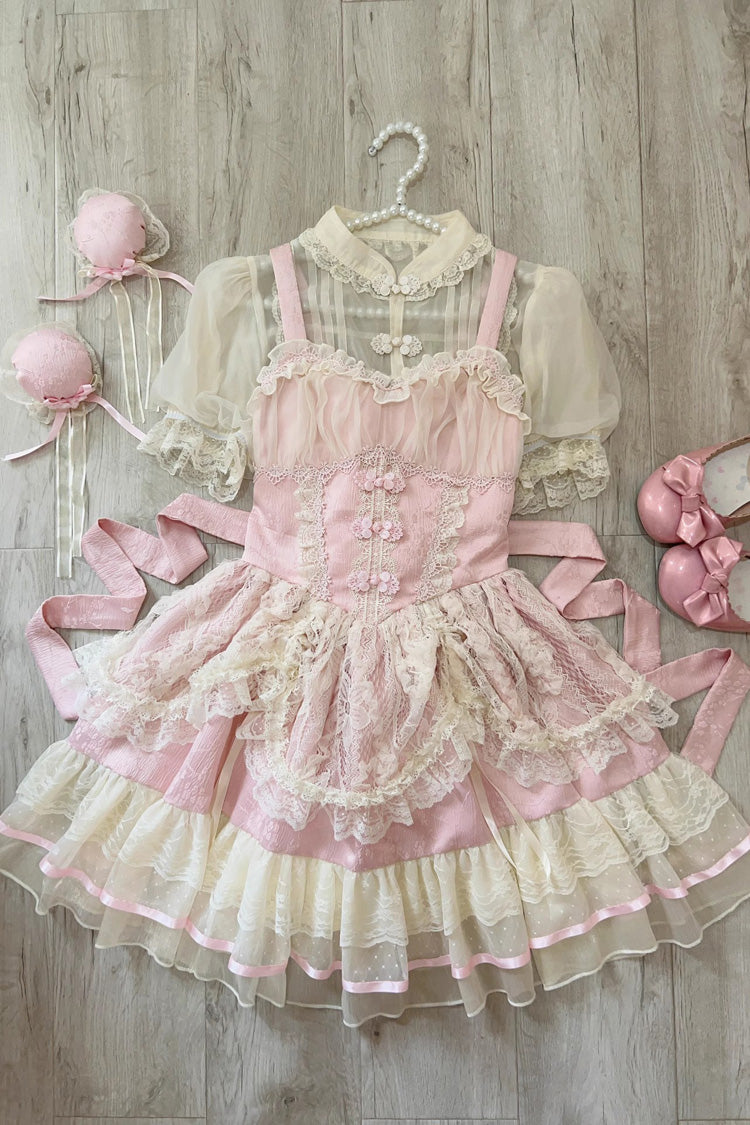 Flower Bud Halterneck Print Ruffle Lace Sweet Chinese Ballet Style Lolita Jsk Dress 3 Colors