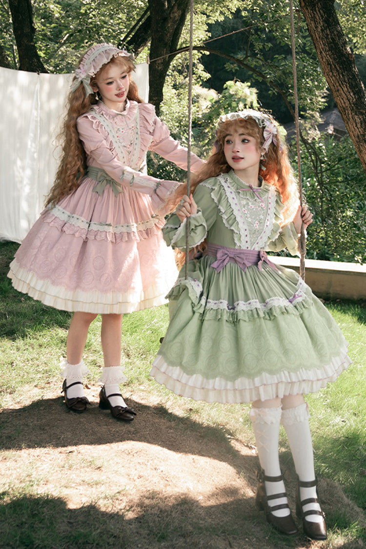 Green [Solitary Orchid In Quiet Valley] Long Sleeves Multi-Layered Embroidery Bowknot Sweet Lolita Dress