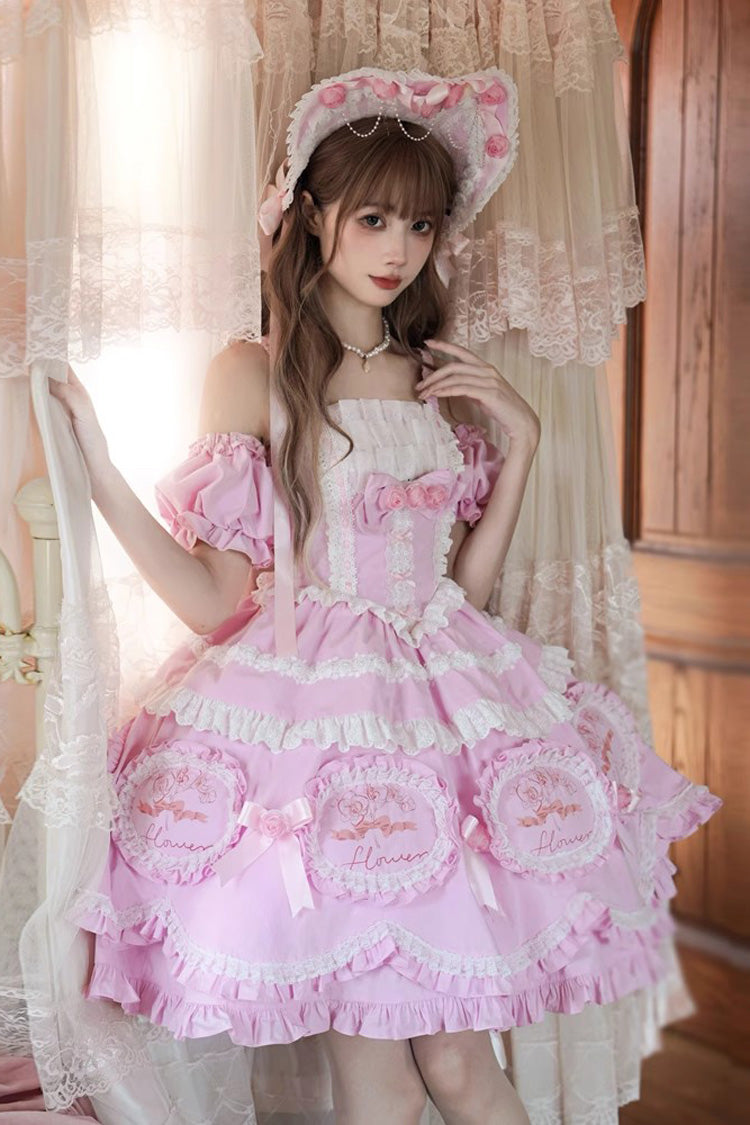 Rosa [Butterfly Dream] Mehrlagiges, bedrucktes Rüschen-Schleifen-Lolita-Jsk-Kleid mit süßer Prinzessinnen-Optik