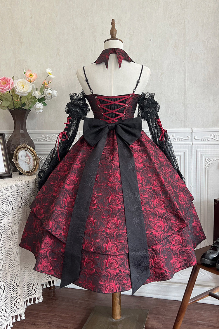 Red [Rose Dish] Ruffle Embroidery Cardigan Bowknot Lace-Up Gothic Lolita Jsk Dress