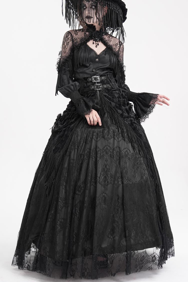 Black Print Embroidery Tassels Buckle-up Lace-Up Women's Gothic Long Skirt